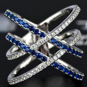925 Silver Blue White Micro Pave Cross MultiLayer Ring for Women, VIP1…